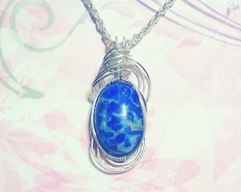 Blue Sea Jasper Pendant Womans Necklace Pendant Wire Wrapped Jewelry Handmade in Silver with Free Shipping