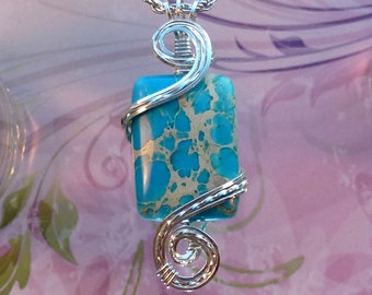 Blue Turquoise Jasper Womans Pendant Necklace Wire Wrapped Jewelry Handmade in Silver with Free Shipping