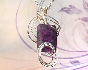 Purple Zoisite Womans Pendant Necklace Wire Wrapped Jewelry Handmade in Silver