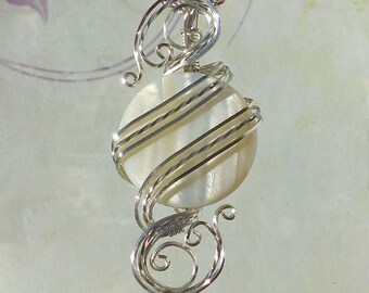 White Shell Womans Pendant Necklace Wire Wrapped Jewelry Handmade in Silver