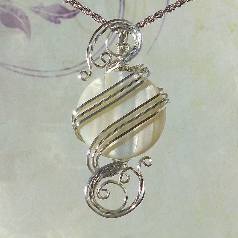 White Shell Womans Pendant Necklace Wire Wrapped Jewelry Handmade in Silver image 1