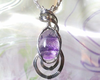 Purple Fluorite Womans Pendant Necklace  Wire Wrapped Jewelry Handmade in Silver with FREE SHIPPING