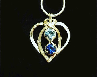 Petite Personalized Two Heart Birthstone Gemstone Necklace Pendant Wire Wrapped Handmade in Silver