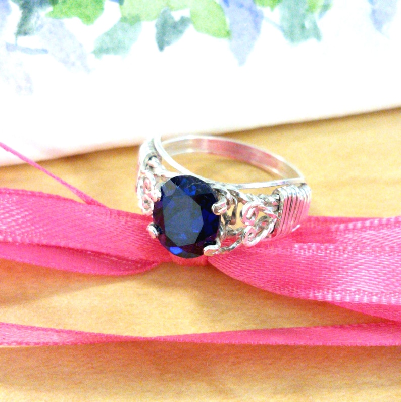 Blue Sapphire Ring Wire Wrapped Womans Jewelry Handmade in Silver FREE SHIPPING image 1