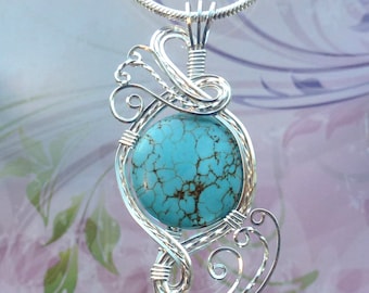 Turquoise Womans Necklace Pendant Wire Wrapped Jewelry Handmade in Silver With Free Shipping