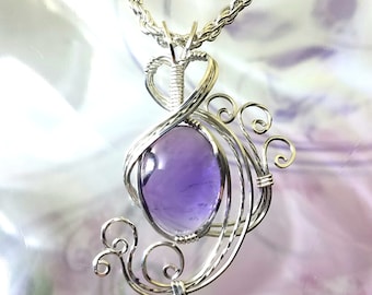 Purple Amethyst Womans Pendant Wire Wrapped Jewelry Handmade in Silver With Free Shipping