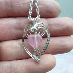 Heart Shaped Pink Womans Pendant Wire Wrapped Jewelry Handmade in Silver with FREE SHIPPING image 2