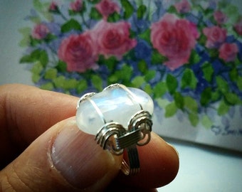 FREE SHIPPING White With Blue Flash Moonstone Ring Wire Wrapped Jewelry Handmade in SIlver