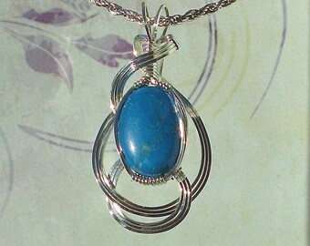 Blue Howlite Womans Pendant Necklace Wire Wrapped Jewelry Handmade in Silver With Free Shipping