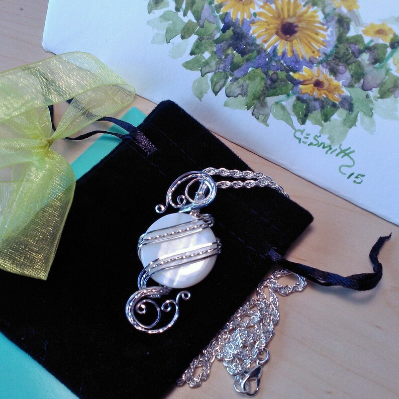 White Shell Womans Pendant Necklace Wire Wrapped Jewelry Handmade in Silver image 3
