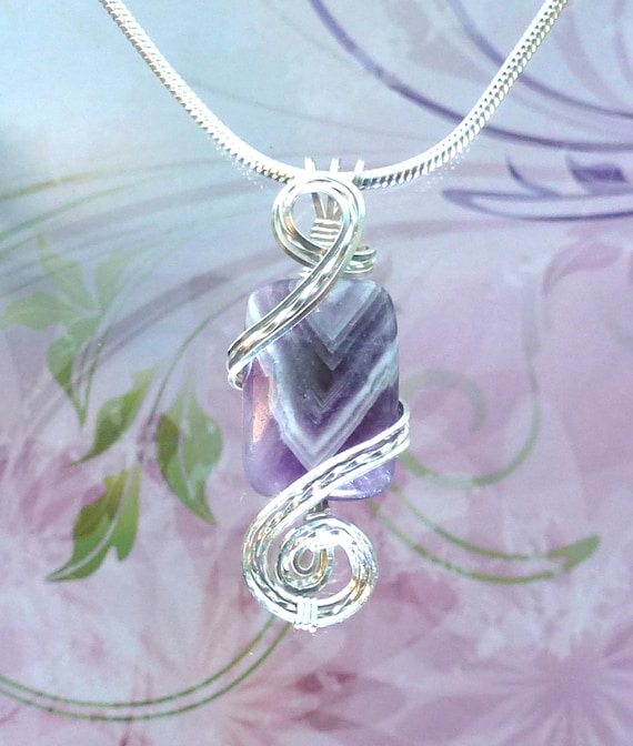 Purple Amethyst Womans Pendant Necklace Wire Wrapped Jewelry Handmade in Silver FREE SHIPPING