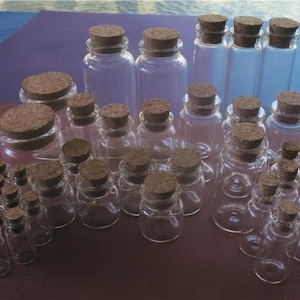Box O&#39; Bitty Bottles. 37 Small Empty Clear Cork Bottles. Small Glass Bottles. Assortment of Clear Vials Jars. Jars Bulk. Glass Vial Cork.