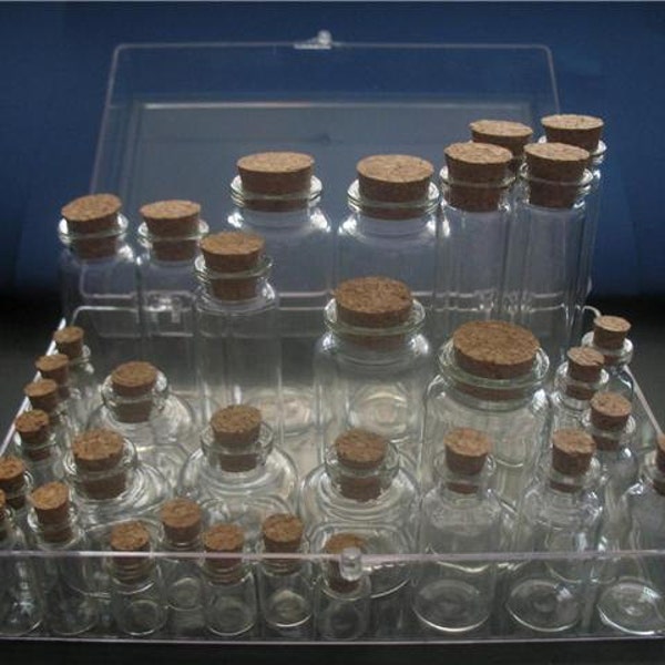 Box O' Bitty Bottles. 33 Small Empty Clear Corked Bottles. Small Glass Bottles. Wholesale Bulk Jars. Glass Vial Jewelry. Glass Vial Pendant.