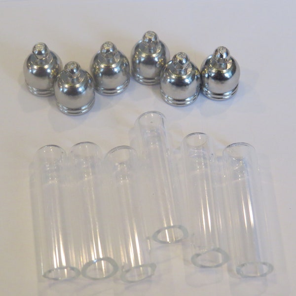 10 Metal Cap Vials. Necklace Pendants. Cylinder Shaped Miniature Bottles. Glass Vials with Metal Tops. Small Empty Vials. Bitty Bottles.