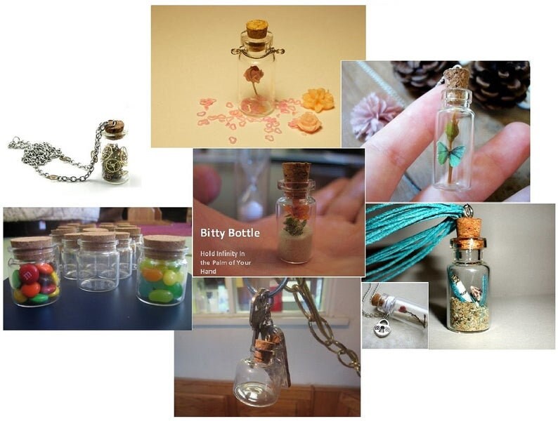 May include: Assortment of small glass bottles with cork tops. Some bottles contain small objects, such as flowers, sand, and candy. The bottles are displayed on a variety of surfaces, including a table, a shelf, and a hand.