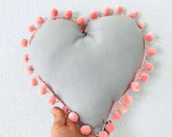 Linen heart pillows with pompom trim