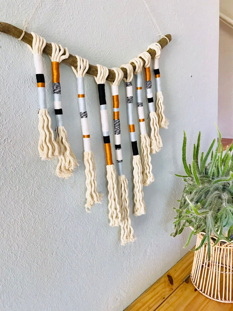 Yarn wrapped tassel wallhanging in cool neutrals image 3