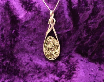 Natural Crystal Pyrite Wire Wrap Pendant in Sterling Silver
