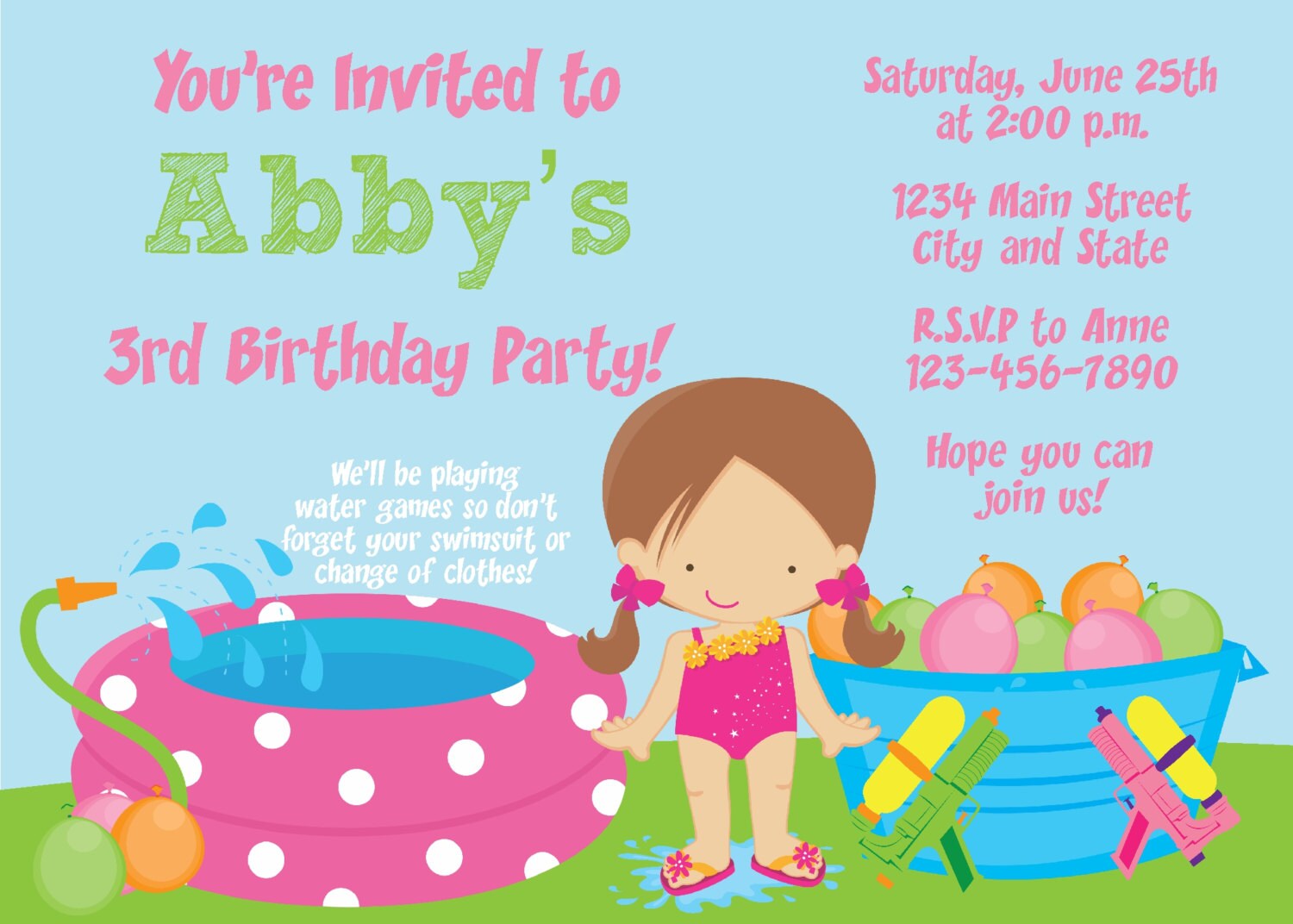 DIY Girl Pool and Water Games Birthday Party Invitation Etsy