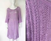 The Purple Rain Vintage Dress Sweater Hand Knit Off Shoulder Crochet Open Weave Leaf Pattern Pale Purple Beach Cover Up