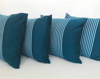 The Real Delft Teal Dekorative Dekokissen 4er Set Vintage 2000s Gestreift Yarn Dye Décor 17 x 17