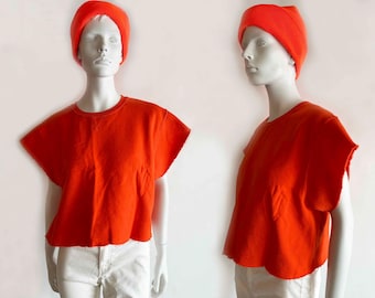 The Flourescent Fire Orange Cropped Sweatshirt Vintage 80s Dayglo Neon Hunting Top Shirt