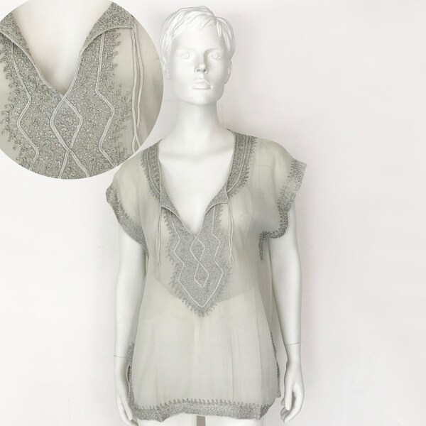 De Marokkaanse Mystic Vintage 90s Top Geborduurde Sheer Katoen Boho Tunic Top XS S M: Vintage Dames Blouse, Top, Coverup