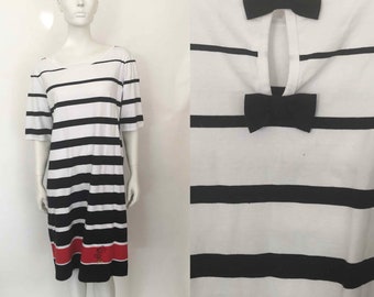 The Anchors Away Vintage 90s T-Shirt Dress Nautical Stripes White Navy Blue Red Cotton Casual Summer Womens M