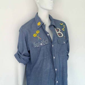 The DICKIES Lollipop x Flowers Vintage 70er Hemd Chambray Denim Shirt Folk Art Handgemaltes Arbeitshemd O/S Bild 7