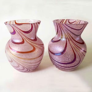 The Sultans Swirl Set of 2 Vases Vintage 70s Psychedelic Iridescent Glass Home Decor Floral Vase Sculpture Object