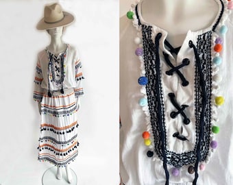 The Cancun Can Dance Dress Vintage 90s Cotton Ceremonial Celebration Fiesta Boho Pom Pom