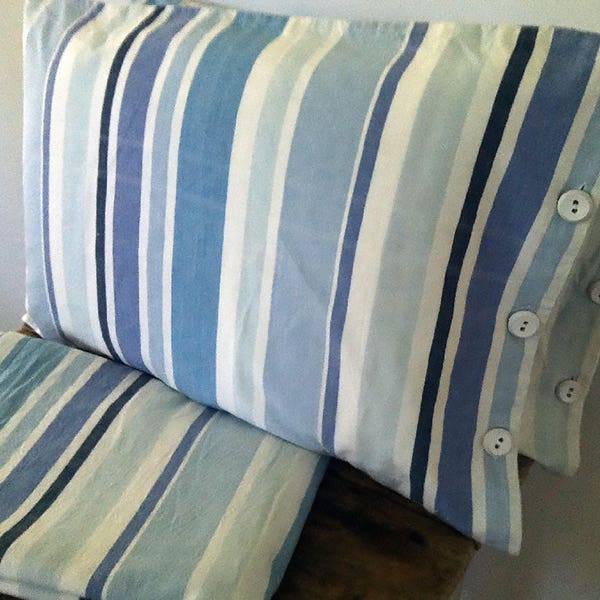 The Nautical x Nantucket Stripes Vintage Set of 2 Pillow Cases  Piece  Blues Cotton Striped Bedding Wood Buttons Home Decor