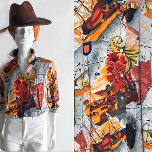 The Wear The World On My Sleeve Blouse Vintage 80s Multi Colored Printed Silky Top