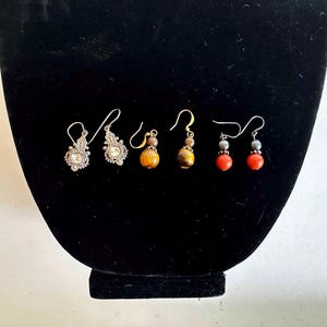 The Majestic Maeven Set of 3 Drop Earrings Vintage 80s  Dangle Hoop Natural Gemstones Boho Jewelry Tigers Eye, Glass, Red Jasper, Hematite