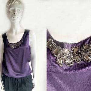 The Purple Rain x Rhinestones Silk Tank Top Vintage 80s Slinky Shirt Sleeveless Beaded Top