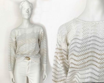 The White Wizard Sweater Vintage 80s Open Crochet Metallic Silver x Gold Thread Jumper