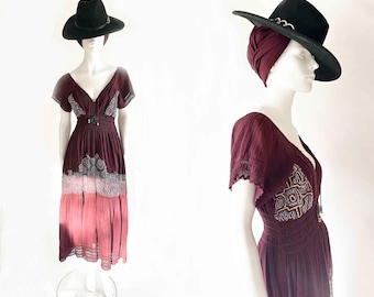 The Magical Medicine Womens Dress Vintage 2000s Off Shoulder Peruvian Stitchwork Embroidery Ceremony Tea Length Traditional Fiesta Dress