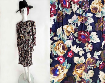 The Florence Florals Dress Vintage 80s Print Floral Bohemian Rayon Calf Length Long Sleeve