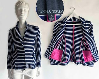 The CYNTHIA ROWLEY French Mariner Blazer Vintage 90s Knit Jacket Navy Blue x White Striped Nautical