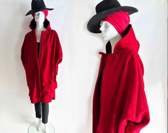 The Little Red Riding Hood Coat Vintage 80s Wool Red x Black Cocoon Cape Hooded Outerwear Jacket