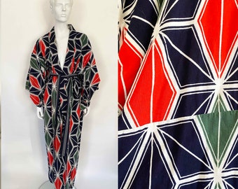 The Oh No Yoko Ono Kimono Vintage 80s Cotton Japanese Bathhouse Geo Abstract Robe Sleepwear Spa Wrap
