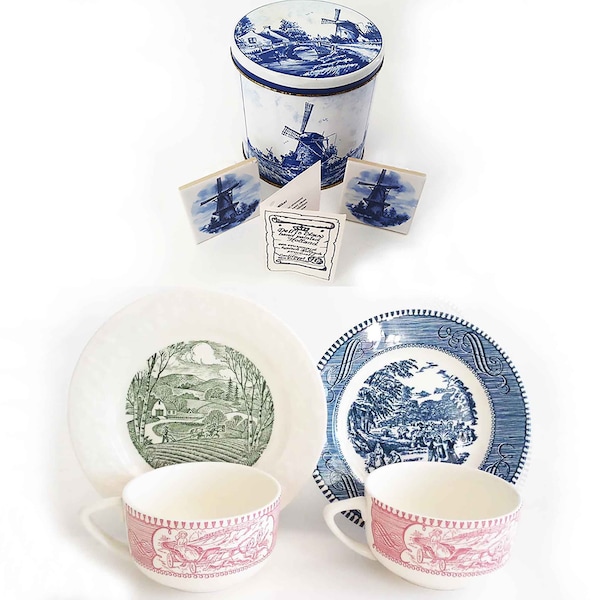 The Pastoral Puritans Vintage Lot of 7 Toile Pattern Tea Cups Delfts Blauw Tin Can Tiles  Mismatched Saucers Home Ware, Serving Drink Ware