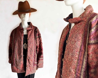 The Tibetan Tribal Padded Jacket Vintage 90s Silk Embroidered Paisley Boho Nomad Asian Cotton