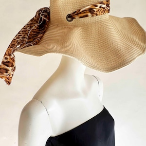 The Safari Leopard Lady Wide Brim Sun Hat Vintage 90s Accessories Straw Ribbon Floppy
