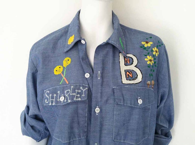 The DICKIES Lollipop x Flowers Vintage 70er Hemd Chambray Denim Shirt Folk Art Handgemaltes Arbeitshemd O/S Bild 4