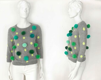 The Pom Pom Party Sweater VTG RMX 80s Glow Green 3D Polka Dots Cotton Jumper 3/4 Sleeve