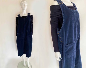 The Hot For Teacher Vintage 80s Corduroy Overalls Dress Patch Pockets Low Slide Below Knee Tank Dress Easy Fit Navy Blue Cotton