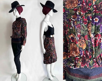 The Working Overtime 2 Piece Set Vintage 80s Fall Palette Floral Printed Rayon x Blouse Skirt