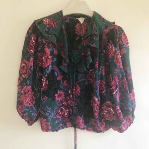 The Divine DIANE FREIS Vintage 80s Blouse Blouson Totally Teal Top Multi Color Rose Pattern Sequined Silky Georgette Geo Ruffled Womens Top image 7