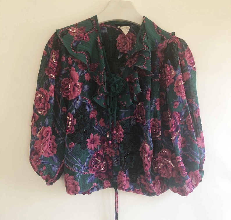 The Divine DIANE FREIS Vintage 80s Blouse Blouson Totally Teal Top Multi Color Rose Pattern Sequined Silky Georgette Geo Ruffled Womens Top image 7